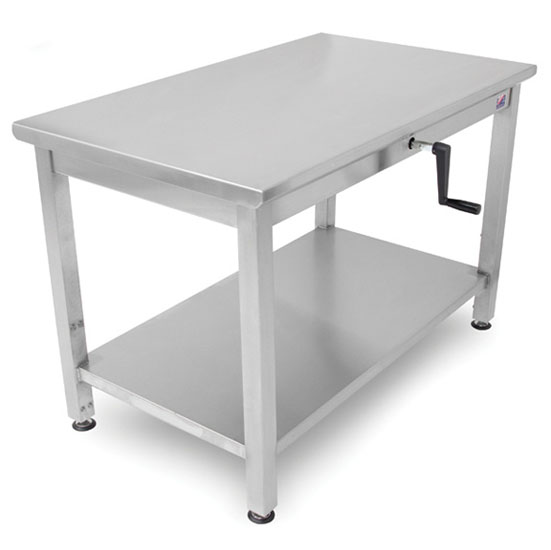 John Boos Ergonomic Adjustable Hydraulic LIFT Work Table 30" W - 72", 16-Gauge Stainless Steel Flat Top with Casters and Undershelf Option