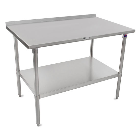 John Boos 16-Gauge Stainless Steel Top Stallion Work Table 108" W x 24" D with 1-1/2" Rear Riser, Stainless Steel Legs and Adjustable Shelf, Knocked Down