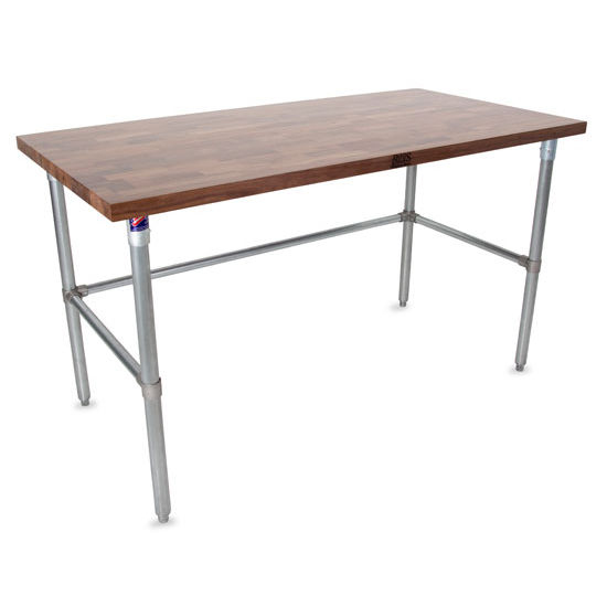 John Boos 1-1/2" Thick Walnut Top Work Table with Galvanized Base & Bracing, Varnique Finish