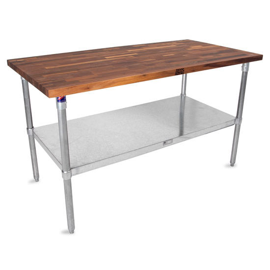 John Boos 1-1/2" Thick Walnut Top Work Table with Galvanized Base & Under Shelf, Oil Finish