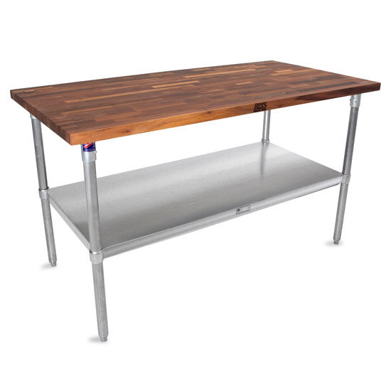 John Boos 1-1/2" Thick Walnut Top Work Table with Stainless Steel Base & Under Shelf, Oil Finish