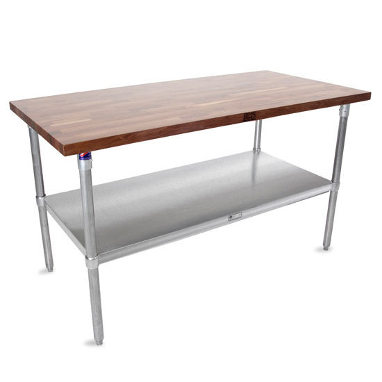 John Boos 1-1/2" Thick Walnut Top Work Table with Stainless Steel Base & Under Shelf, Varnique Finish