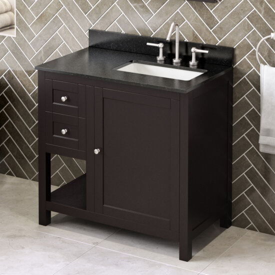 Jeffrey Alexander 36'' W Espresso Astoria Single Vanity Cabinet Base with Right Offset, Black Granite Vanity Top, and Undermount Rectangle Bowl