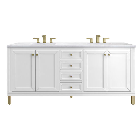 James Martin Furniture Chicago 72''  Double Vanity in Glossy White with 3cm (1-3/8'' ) Thick Arctic Fall Top and Rectangle Undermount Sinks