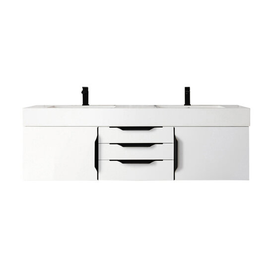 James Martin Columbia 72 Double Bathroom Vanity in Glossy White and Radiant  Gold with 10 cm Glossy White Solid Surface Top and Rectangular Sink