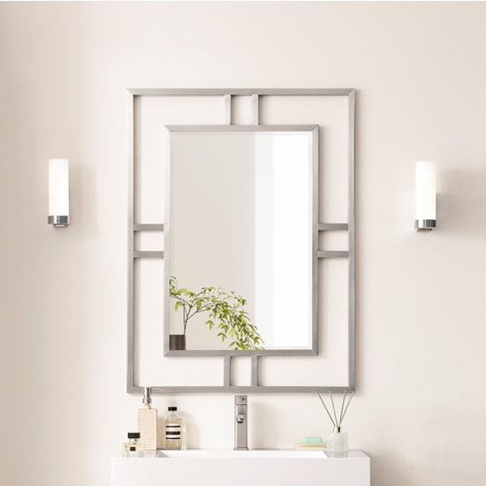 James Martin Furniture Brenlyn Rectangular Stainless Steel Framed Wall Mount Bathroom Vanity Mirror, 30'' W Brushed Nickel In Use Bathroom View