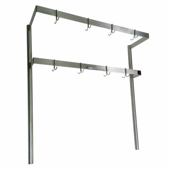 John Boos Double Bar Stainless Steel Pot Rack with Removable Hooks - Table Mount, Includes 6 Hooks