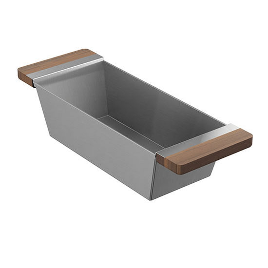 JULIEN Smartstation Collection Bin with Walnut Handles for Fira Collection Kitchen Sink in Brushed Stainless Steel, 6" W x 17-3/8" D x 4-1/4" H