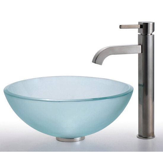 Kraus Frosted 14 inch Glass Vessel Sink and Ramus Faucet Set