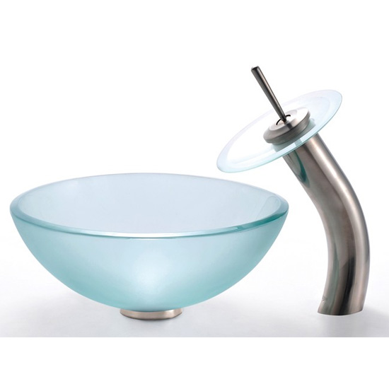 Kraus Frosted 14 inch Glass Vessel Sink and Waterfall Faucet Set