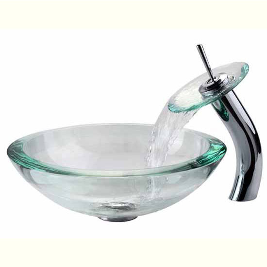 Kraus Clear 34mm edge Glass Vessel Sink and Waterfall Faucet Set
