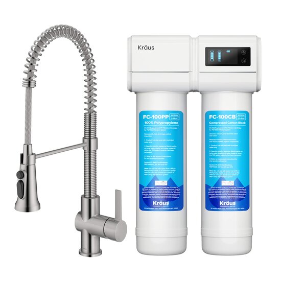 Kraus Britt™ 2-in-1 Commercial Style Pull-Down Single Handle Water Filter Kitchen Faucet in Spot-Free Stainless Steel with Purita™ 2-Stage Under-Sink Filtration System, Spout Height: 6-3/8'' H; Spout Reach: 8-5/8'' D