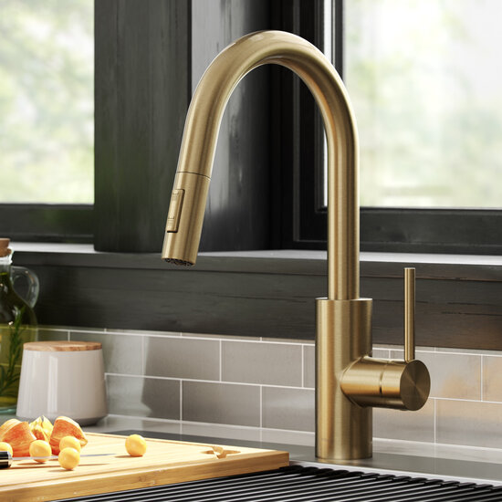 KRAUS Oletto™ Pull-Down Single Handle Kitchen Faucet with QuickDock Top Mount Installation Assembly in Spot Free Antique Champagne Bronze