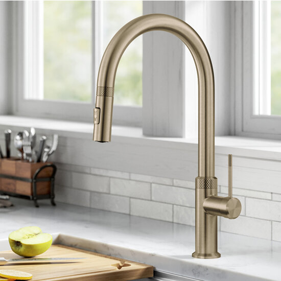 KRAUS Oletto™ Modern Industrial Pull-Down Single Handle Kitchen Faucet, Brushed Gold, In Use Illustration