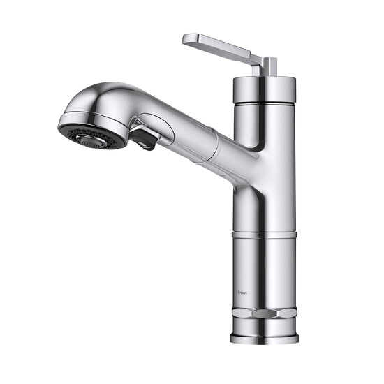 KRAUS Allyn™ Industrial Pull-Out Single Handle Kitchen Faucet, Chrome, Faucet Height: 10'' H, Spout Reach: 9'' D, Spout Height: 6-1/4'' H