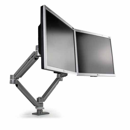 Knape & Vogt Dual Screen Monitor Arm, Two Double-Extension Arms with One Height Adjustable Segment per Screen, Silver