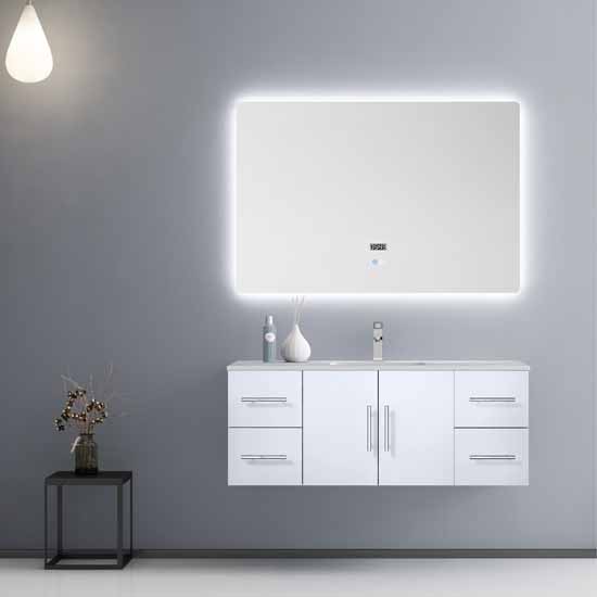Lexora Home Geneva 48" Glossy White Single Vanity, White Carrara Marble Top, White Square Sink, 48" LED Mirror and Faucet, 48-1/4"W x 22"D x 19"H