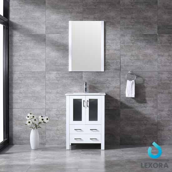 Lexora Home Volez 24" White Single Vanity, Integrated Top, White Integrated Square Sink and 22" Mirror, 24"W x 18-1/4"D x 34"H