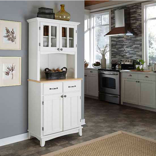 White Finish Two-Door Hutch Buffet with Natural Wood Top