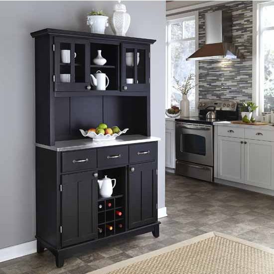 Black Finish Large Two-Door Hutch Buffet Server with Stainless Steel Top