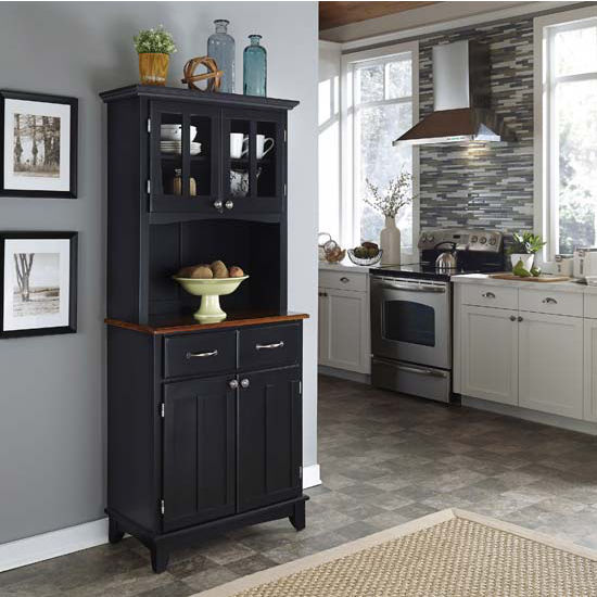 Black Finish Wood Two-Door Hutch Buffet Server with Cherry Top