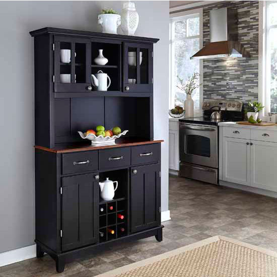 Black Finish Wood Two-Door Hutch Buffet Server with Cherry To