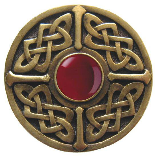 Knob, Celtic Jewel, Red Carnelian, Antique Brass