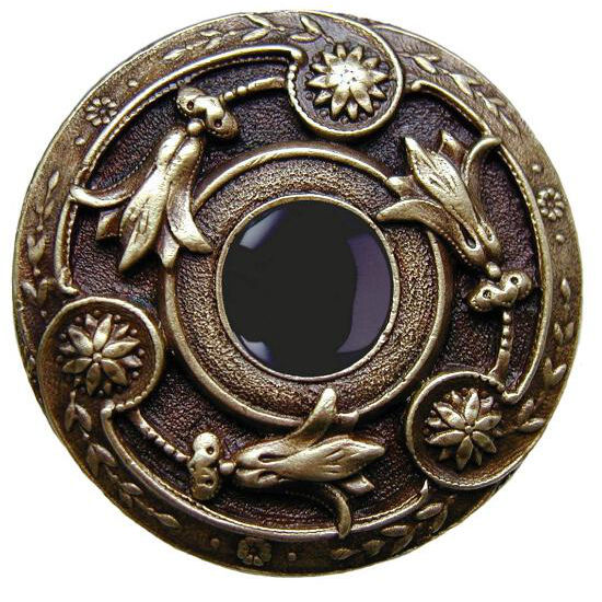 Notting Hill Jewels Collection 1-3/8" Diameter Jeweled Lily Round Knob in Antique Brass with Onyx Natural Stone, 1-3/8" Diameter x 1-1/8" D