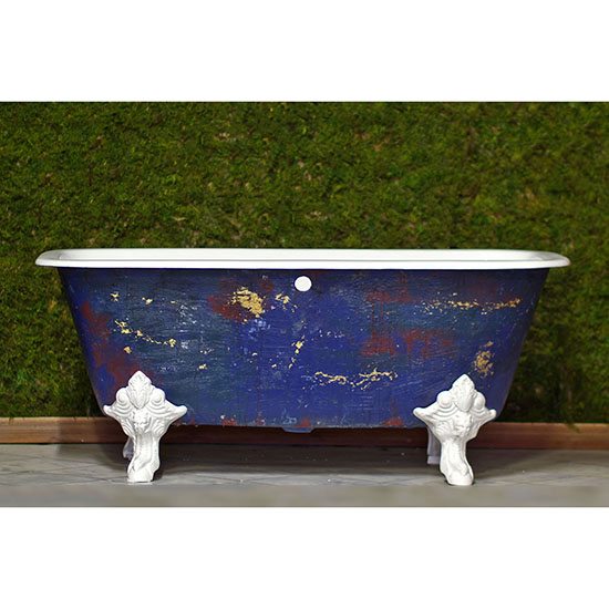 New Square Cast Iron Clawfoot Bathtub Trompe L'Oeil Antiqued Lagniappe Freestanding Claw Tub Package, Degas Blue