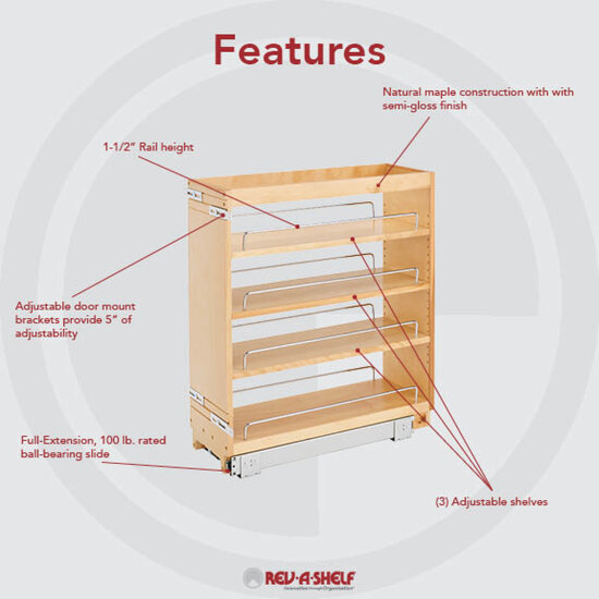 Rev-A-Shelf 448-BC-6C 6.5/" Pullout Wood Kitchen Cabinet Organizer Rack Maple