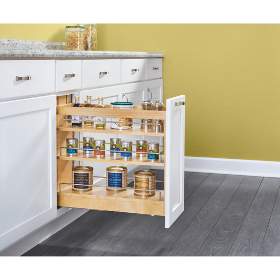 Rev-A-Shelf 448-BC-6C 6.5-Inch Base Cabinet Pullout Storage Organizer with Adjustable Wood Shelves and Chrome Rails 