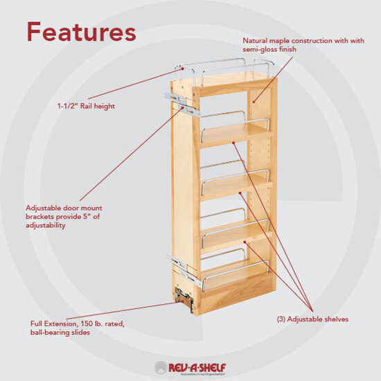 Rev-A-Shelf 448-BC19-5C 5 inch x 19 inch Pull Out Wood Base Kitchen Cabinet Organizer with 3 Adjustable Shelves, Natural Maple