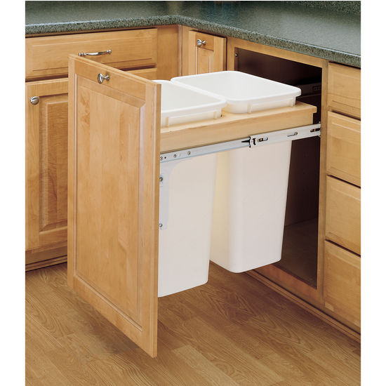 Rev-A-Shelf Double Pull-Out Trash Can for Under Kitchen Cabinets 35 Quart  8.75 Gallon with Soft-Close Slides, White, 53WC-1835SCDM-211