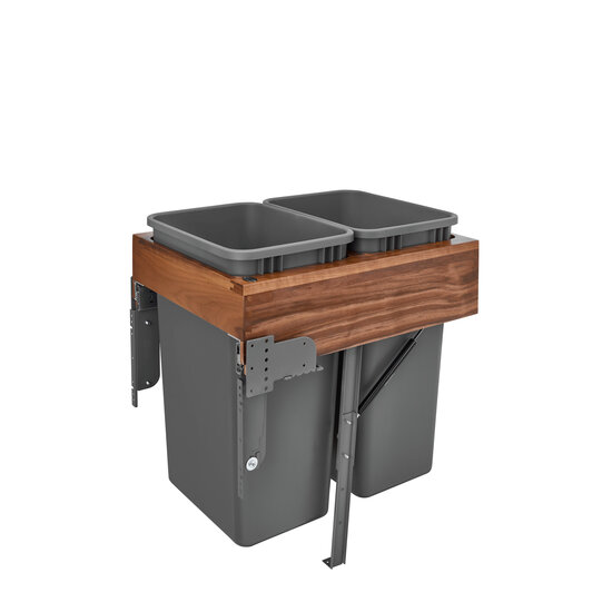 Rev-A-Shelf Double 50 Quart (12.5 Gallon) Waste Bin Pullout, Orion Gray Cans, Walnut Wood Top-Mount with Rev-A-Motion Slides