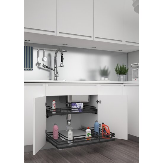 Rev-A-Shelf Undersink Pullout U-Shaped Wire Basket Shelf, Orion Gray Flat Wire Frame with Textured Linen Solid Bottom