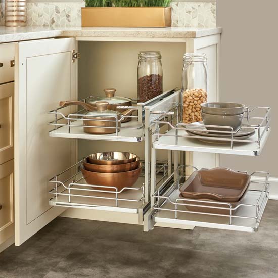 Rev-A-Shelf Pullout Soft-Close 2-Tier Wire Bottom Mount Blind Corner Organizer, with Gray Solid Bottom