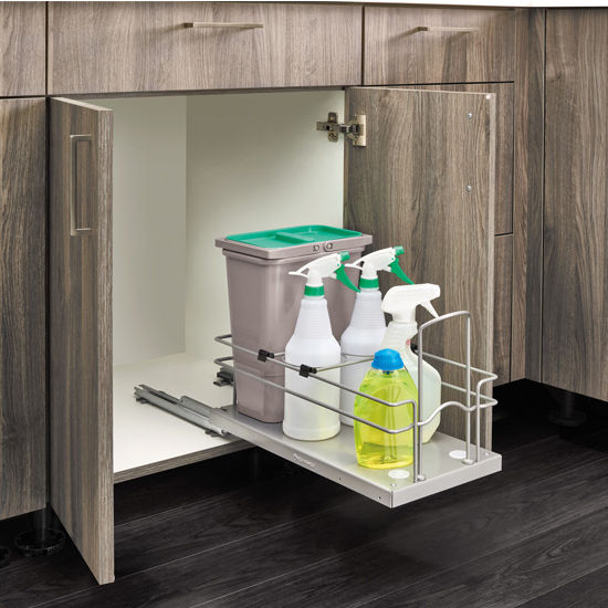 Rev-A-Shelf Single Trash Bin Pull-Out for Under Sink, with 15 Liter (4 Gallon) Gray Bin with Lid & Two 1 Liter Spray Bottles, Bottom Mount with Soft-Close Slides