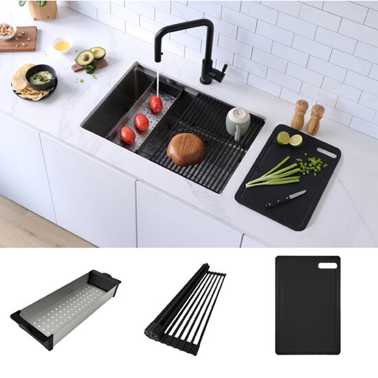 Stylish International Workstation Accessories Kit: Includes Cutting Board A-917, Colander A-06, and Roll-Up Drying Rack A-902, Included Items