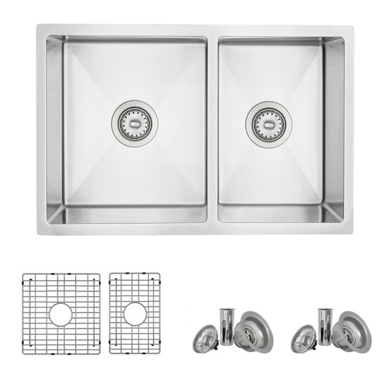 AZUNI Double Bowl 60/40 Undermount and Drop-in 16G Reversible Kitchen Sink with Grids and Basket Strainers