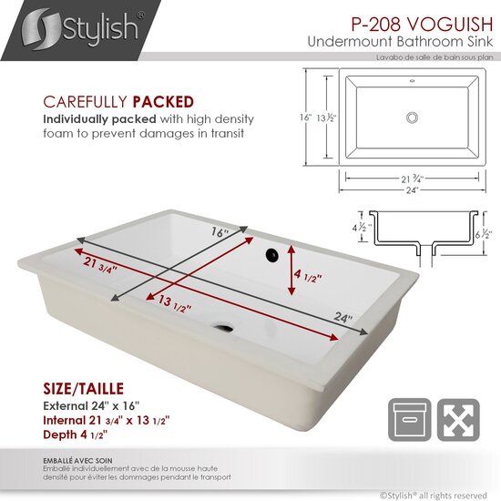 STYLISH™ 24'' W White Rectangular Undermount Ceramic Bathroom Sink with ...