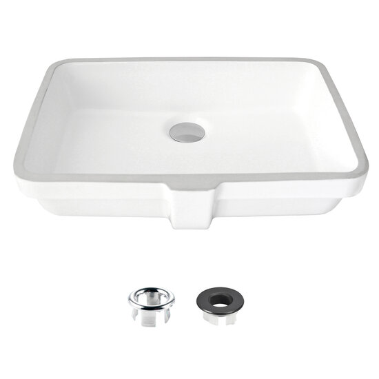 Stylish International Ritzy 20'' Rectangular Undermount Ceramic Bathroom Sink in Pure Glossy White with 2 Overflows: Polished Chrome and Matte Matte Black, Product View