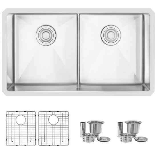 32" W Kitchen Sink with Included Sink Grids (x2) and Strainer (x2)
