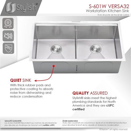 STYLISH™ 32'' Workstation Double Bowl Undermount Kitchen Sink in 16 ...