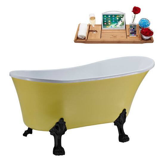 Streamline N358 55'' Vintage Oval Soaking Clawfoot Bathtub, Yellow Exterior, White Interior, Black Clawfoot, Chrome Drain, with Bamboo Tray