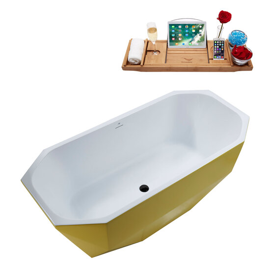 Streamline N631 63'' Modern Octagon Soaking Freestanding Bathtub, Yellow Exterior, White Interior, Black Internal Drain, with Bamboo Tray