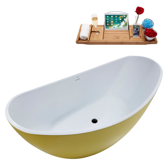 Streamline N952 75'' Modern Oval Soaking Freestanding Bathtub, Yellow Exterior, White Interior, Black Internal Drain, with Bamboo Tray