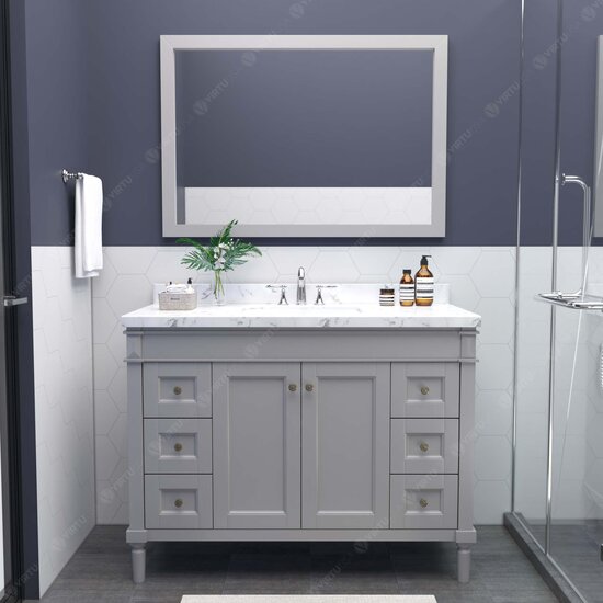 Virtu USA Tiffany 48" Single Bath Vanity in Gray with Cultured Marble Quartz Top and Round Sink with Matching Mirror, 48" W x 22" D x 36-11/16" H