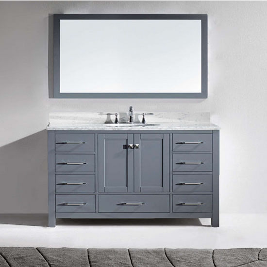 Virtu USA Caroline Avenue Collection 60" Freestanding Single Bathroom Vanity Set in Grey (Set Includes: Main Cabinet, Italian Carrara White Countertop w/Backsplash, Undermount Round Sink and Wall Mirror)