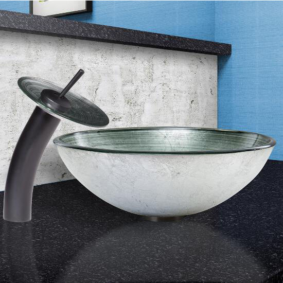 Simply Silver Glass Vessel Sink Set Waterfall Faucet Set