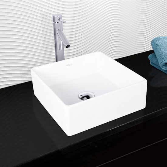 Vigo Bavaro Composite Vessel Sink and Dior Bathroom Vessel Faucet Set in Chrome w/ Pop up Drain, 14-1/2'' W x 14-1/2'' D x 5'' H